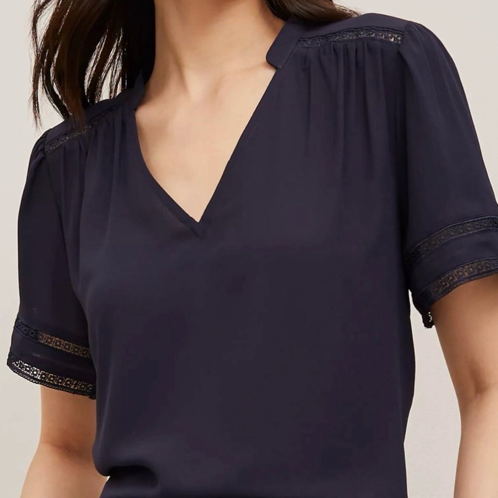 Ann Taylor Lace Trim Blue Short Sleeve Mixed Media Top Blouse. Small. NEW. - Picture 2 of 12